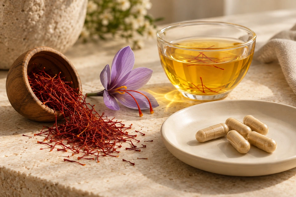 紅色絲狀材料、紫色花朵與金黃色茶旁的米色膠囊